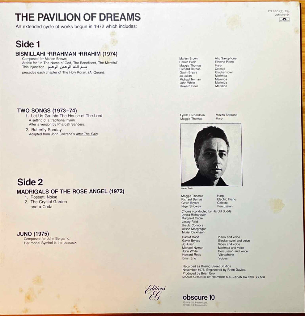 Harold Budd – The Pavilion Of Dreams LP Sleeve image back