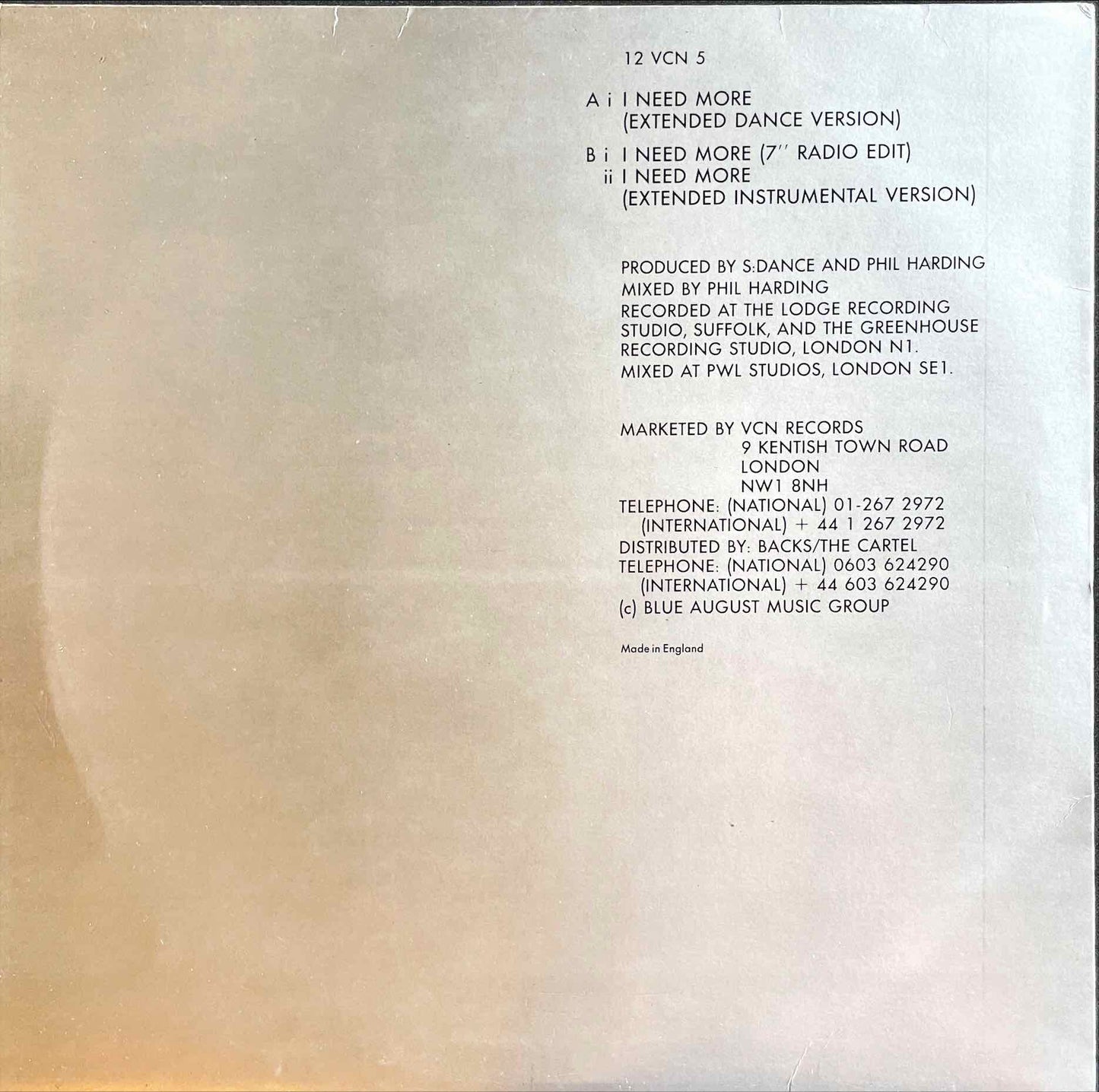 XS-5 – I Need More 12 inch single sleeve image back