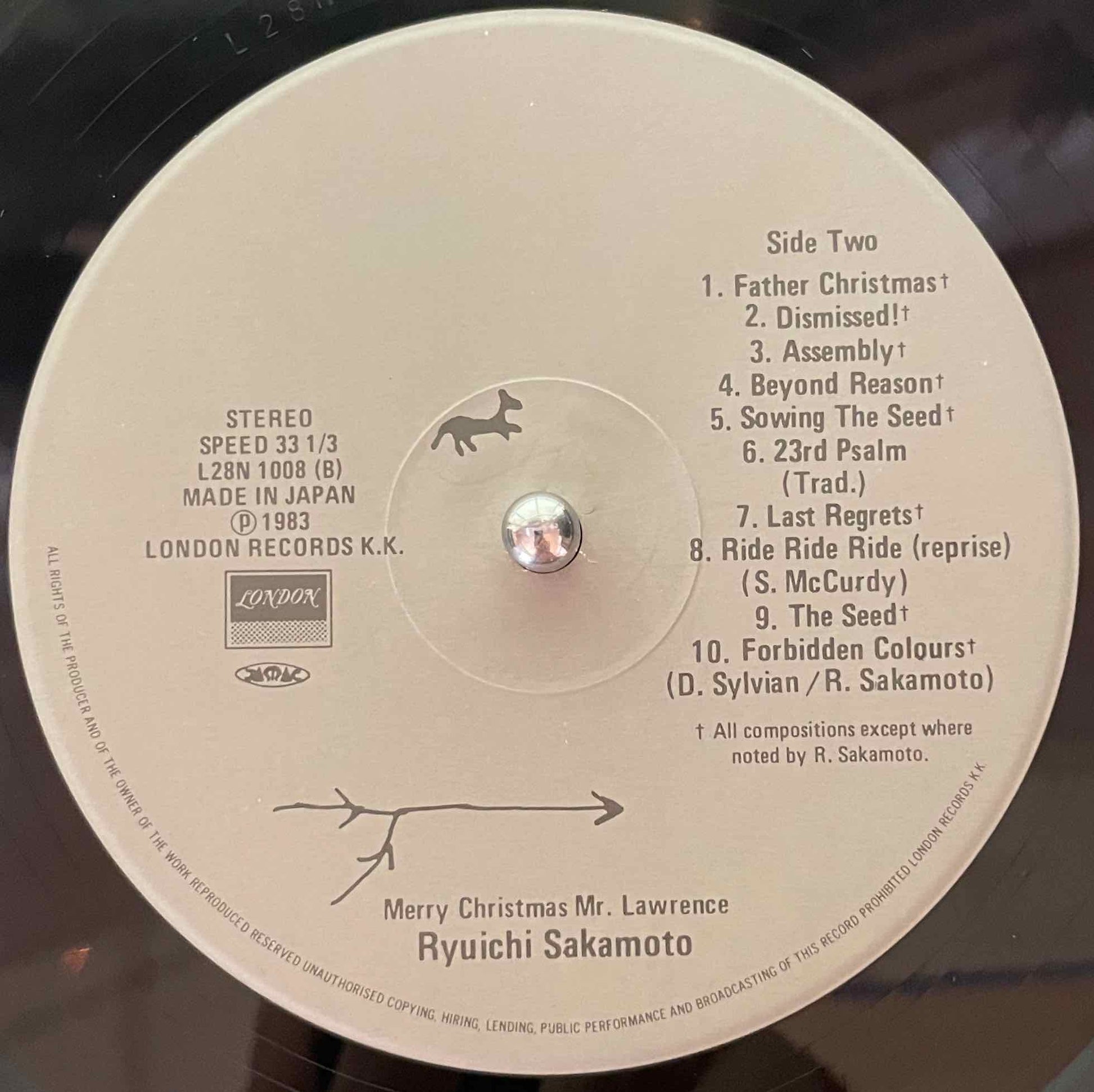 Ryuichi Sakamoto = 坂本龍一 – Merry Christmas Mr. Lawrence = 戦場のメリー・クリスマス オリジナルサウンドトラック LP Label image front