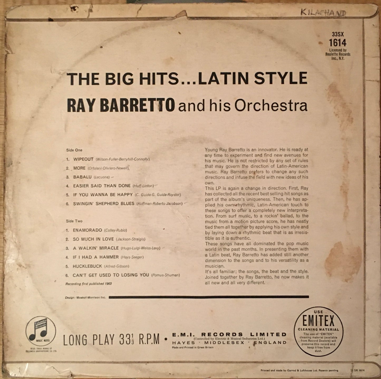 Ray Barretto & His Orchestra – The Big Hits Latin Style LP sleeve image back