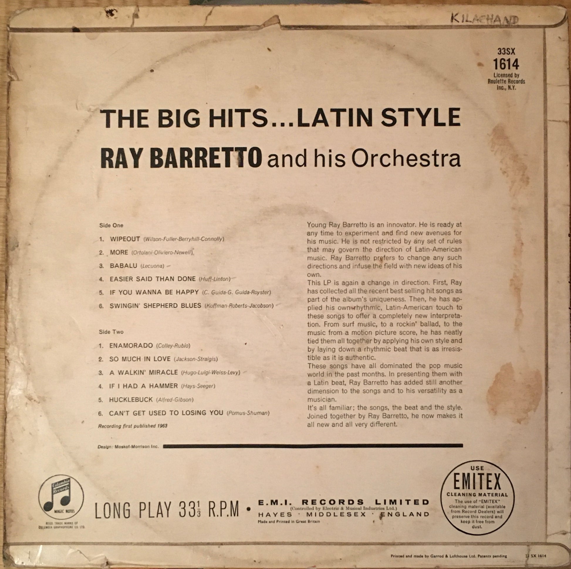 Ray Barretto & His Orchestra – The Big Hits Latin Style LP sleeve image back