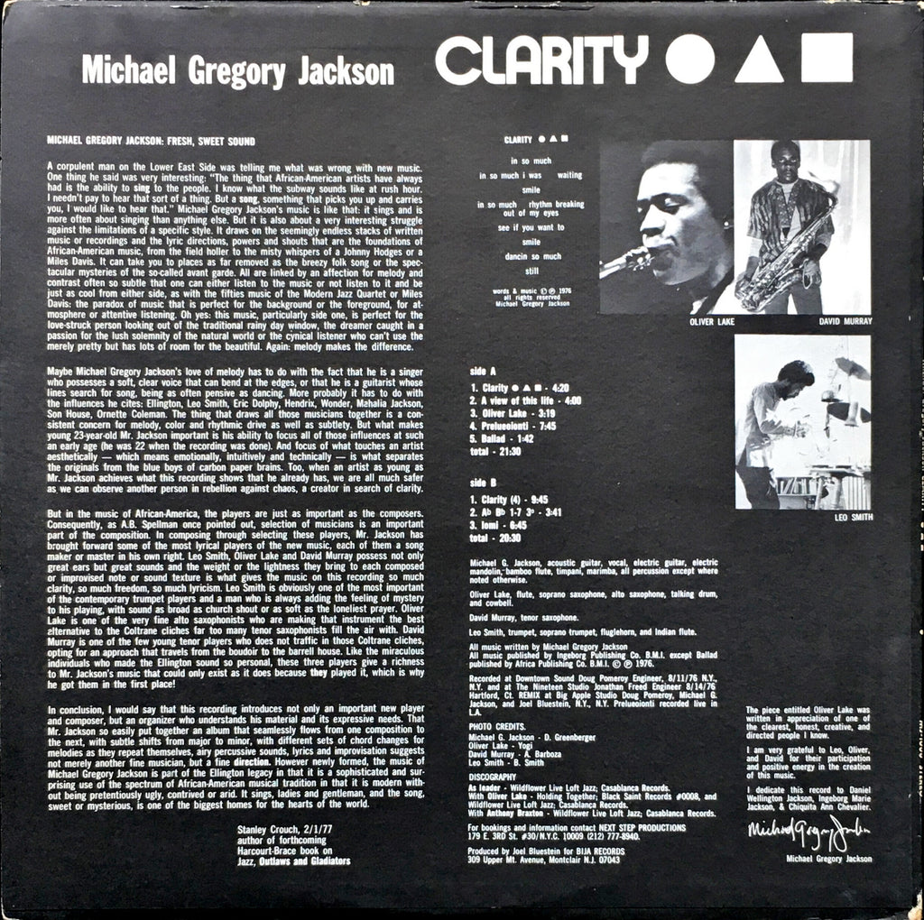 Michael Gregory Jackson, Oliver Lake, Leo Smith, David Murray ‎– Clarity LP sleeve image back