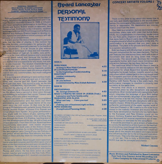 Byard Lancaster – Personal Testimony - monads records