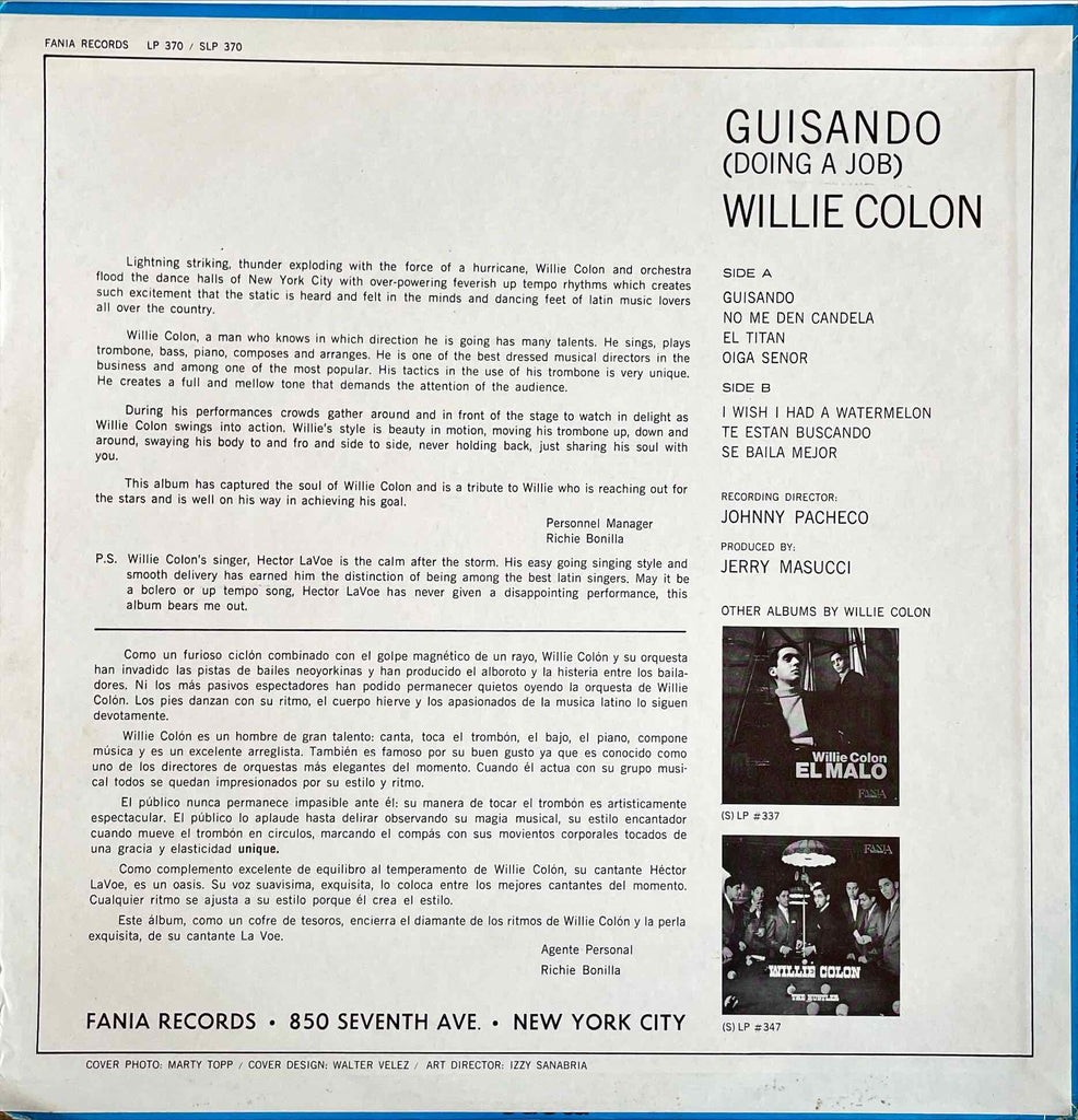 Willie Colon – Guisando/Doing A Job LP sleeve image back