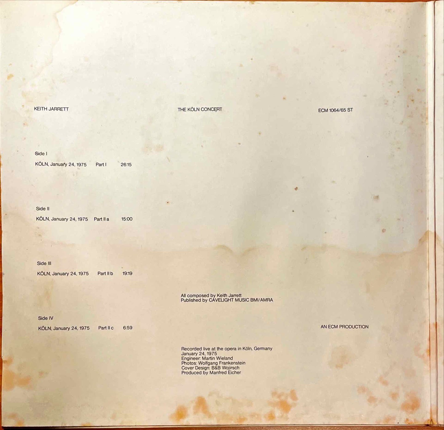 Keith Jarrett – The Koln Concert LP sleeve  image inside left