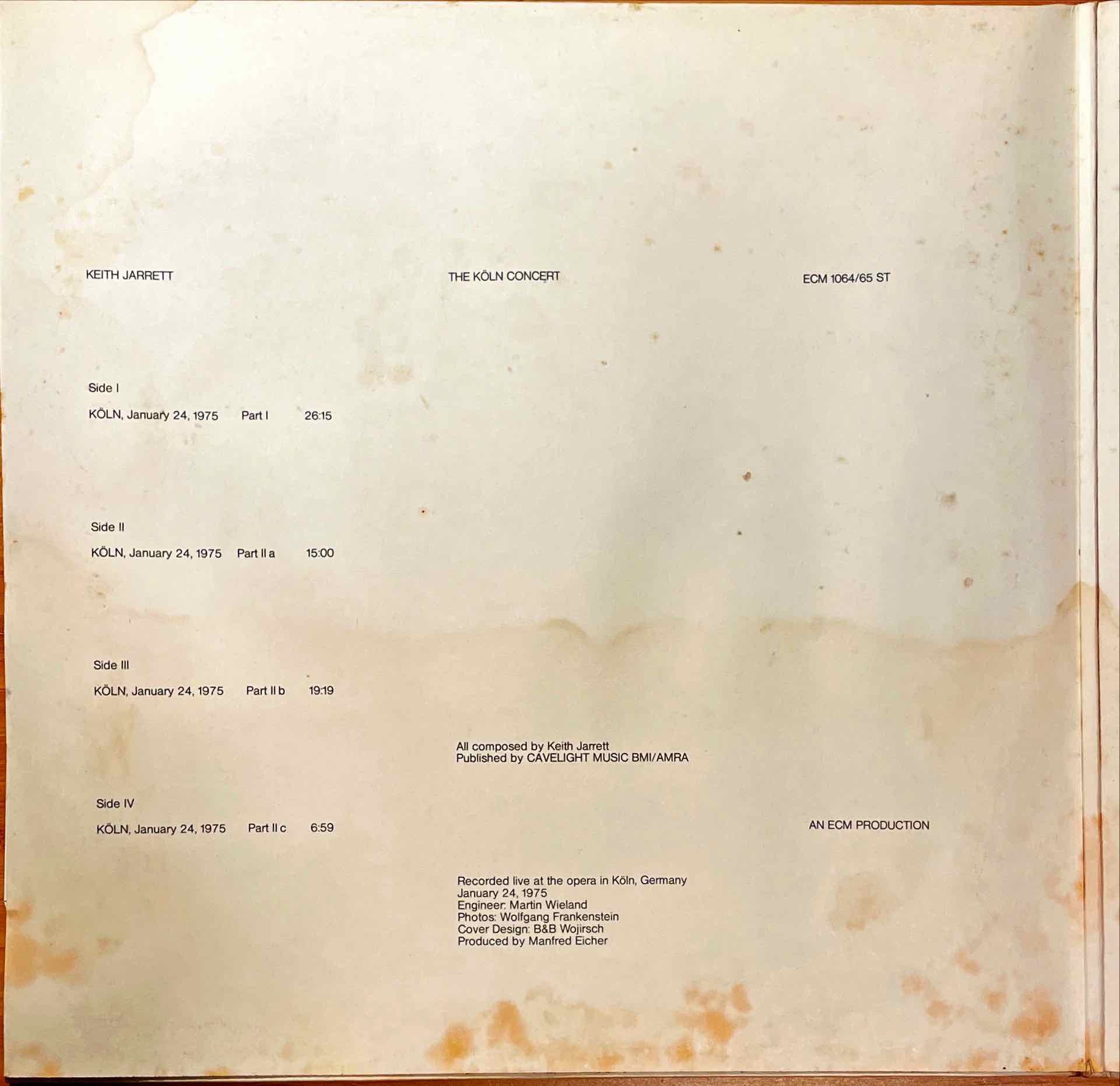 Keith Jarrett – The Koln Concert LP sleeve  image inside left