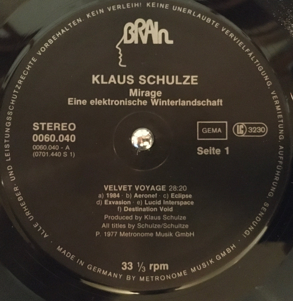 Klaus Schulze ‎– Mirage LP label mage back