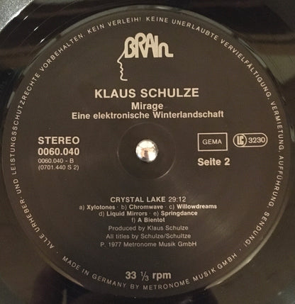 Klaus Schulze ‎– Mirage LP label mage front