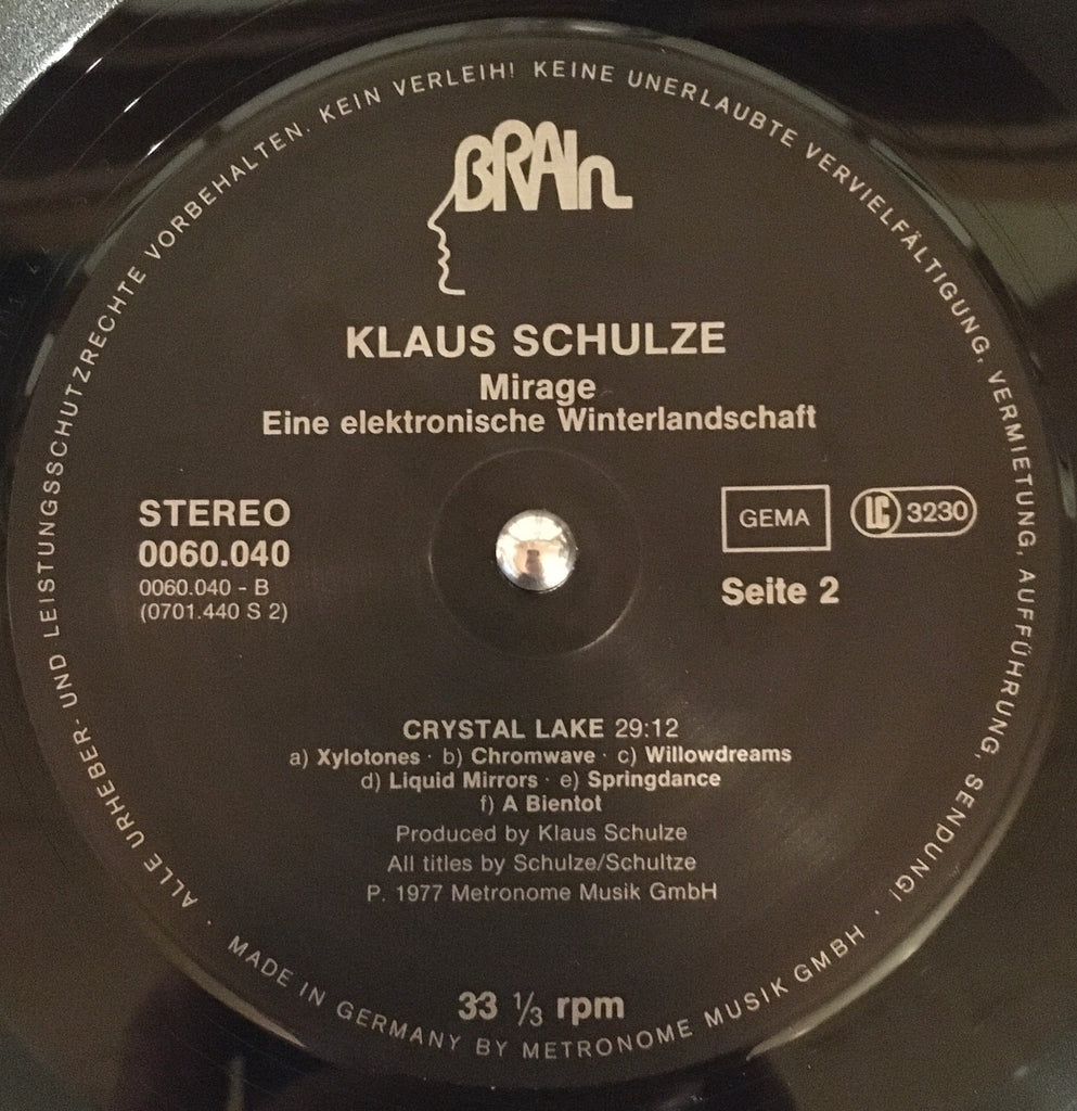 Klaus Schulze ‎– Mirage LP label mage front