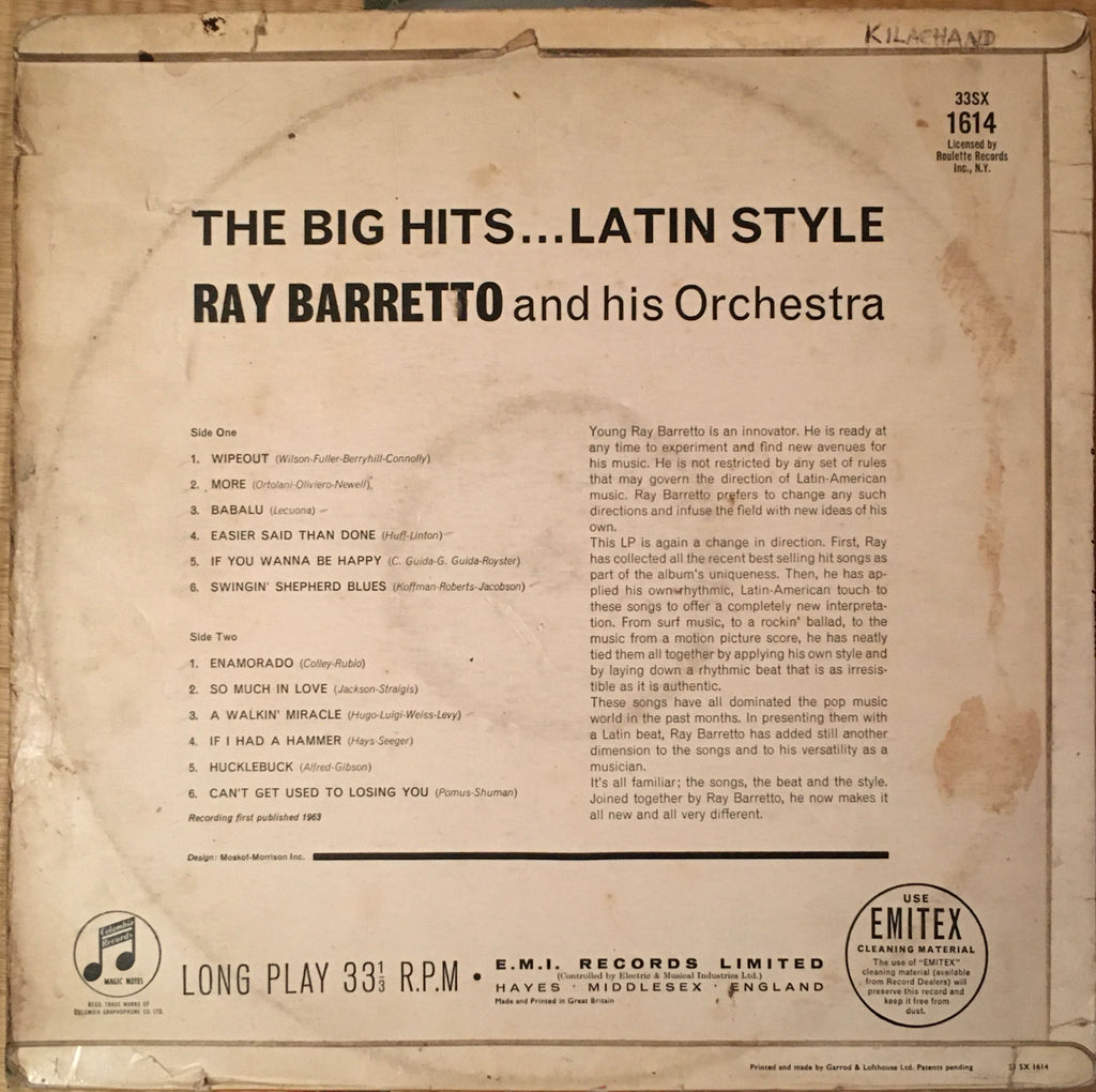 Ray Barretto & His Orchestra ‎– The Big Hits Latin Style LP sleeve image back